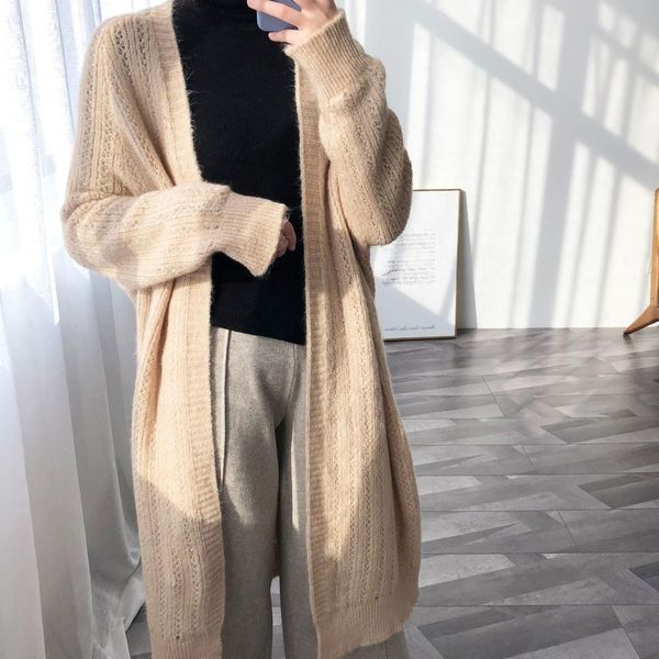 

high end spring soft loose long knitwear stitch casual beige cardigan fluffy blend hollow sweater female knitted girl sweaters, White;black
