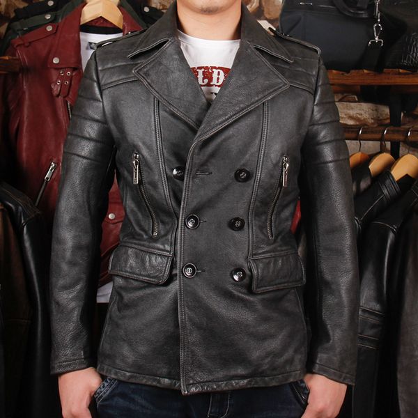 

men's long leather jacket new autumn winter men's leather leather motorcycle clothing lapels double-breasted slim windbreaker, Black