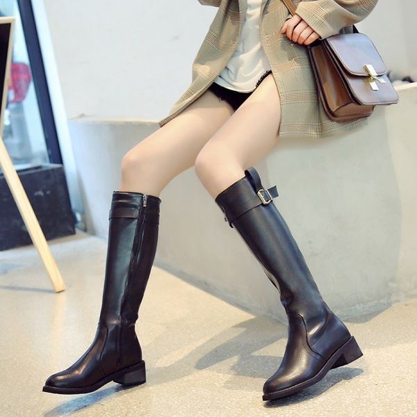 

shoes lady boots luxury designer thigh high heels high lace up winter footwear round toe boots-women zipper ladies, Black