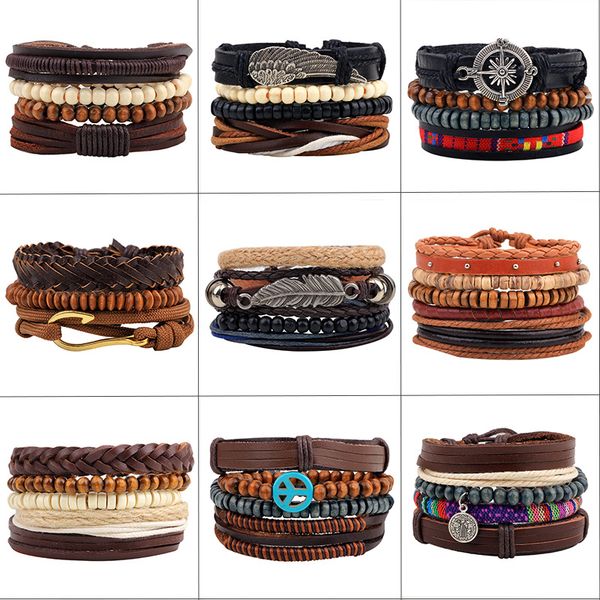 

fashion new multi-root combination set bracelet handmade leather wooden bead beaded woven bracelet sale, Golden;silver
