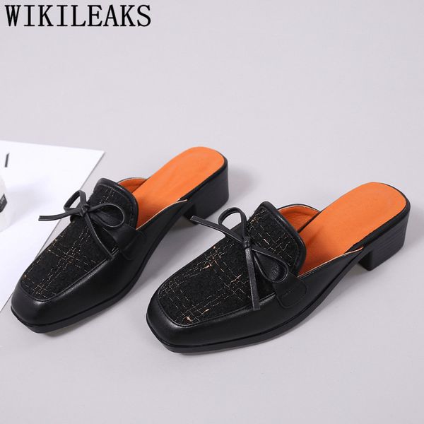 

low heel shoes summer slippers women outdoor leather ladies mules shoes women ladies slippers office 2020, Black