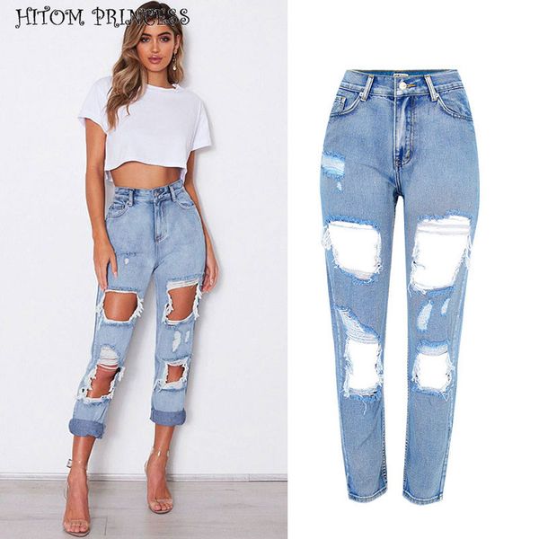 

hitom princess ripped hole boyfriend jeans for women with high waist denim jeans femme distressed straight women pants plus size, Blue