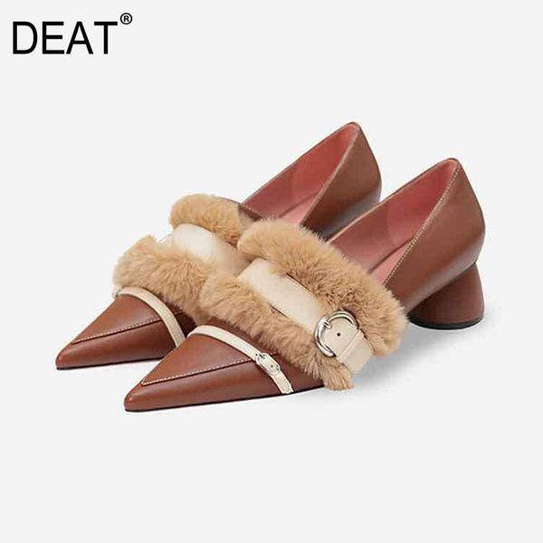 

deat] 2020 sharp toe shallow belt buckle fringe fur pu leather hit color high heels shoes women new spring autumn tide 10e652, Black