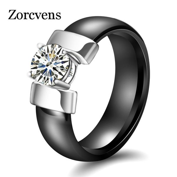 

zorcvens 6mm white black ceramic rings plus big cubic zirconia for women stainless steel women wedding ring engagement jewelry, Golden;silver