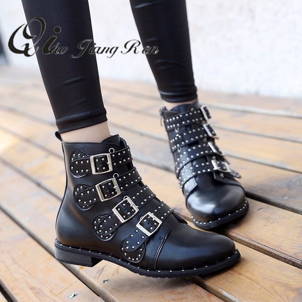 

rivets faux leather booties buckle straps thick heel black ankle women boots studded decorated woman boots motorcycle
