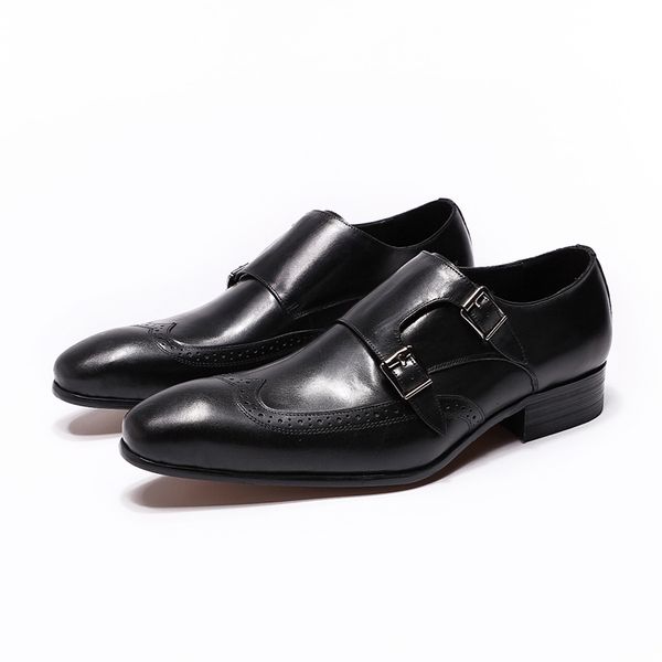 

2019 new style genuine leather monk strap mens dress shoes black burgundy formal business office work double buckle shoes