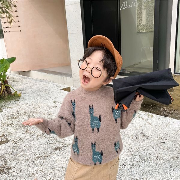 

2019 winter new korean boys and girls cartoon alpaca imitation sable sweater children long sleeve sweater, Blue