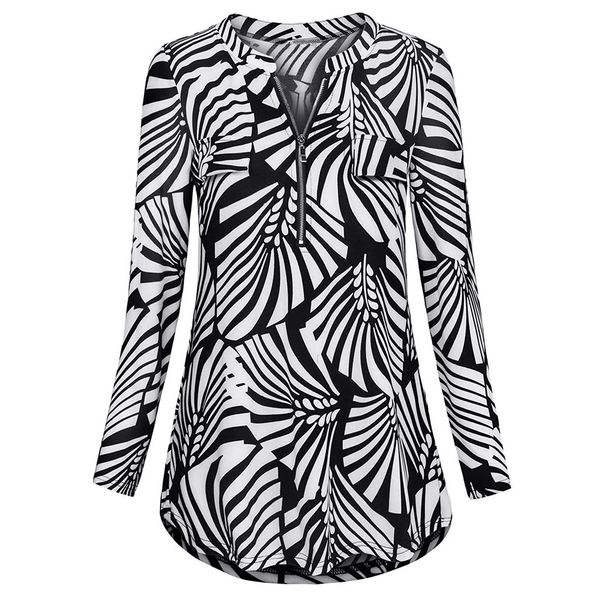 

feitong shirts womens long sleeve zipped v neck print shirt casual tunic blouses new fashion casual soft new 2019, White