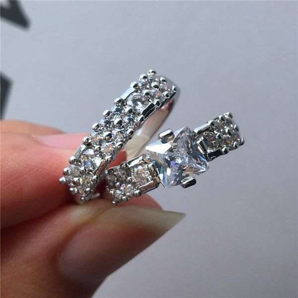 

european and american new jewelry men and women platinum and gold plated two-piece ring square zircon princess ring, Silver
