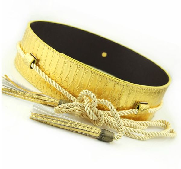 

fashion decoration women's wide belt serpentine leather cummerbund gold black tassel strap t belt, Black;brown