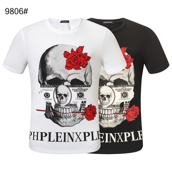 

мода мужские футболки новое лето печатных филлип равнина твердые футболки новые мужчины вышивка череп футболки мужской высокое качество 100%, White;black