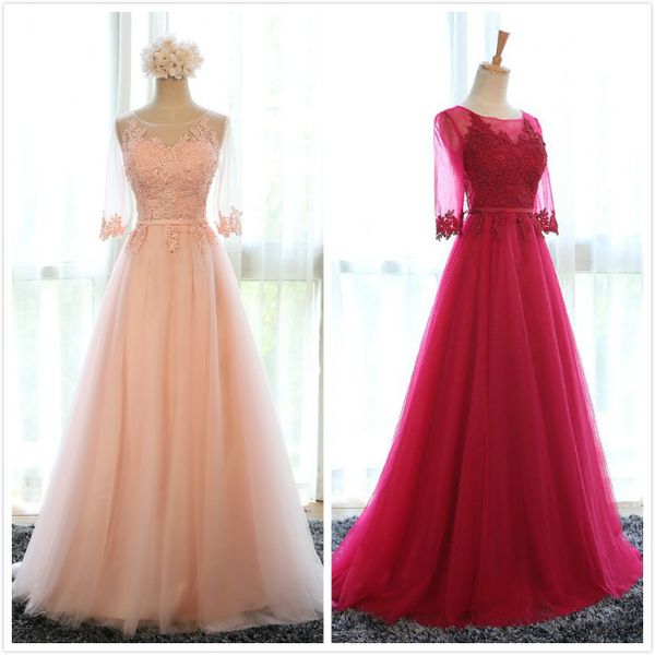 

backlakegirls 2019 new special style simple round neck tulle evening dresses mid sleeve hollow out lace up back design for party, White;black