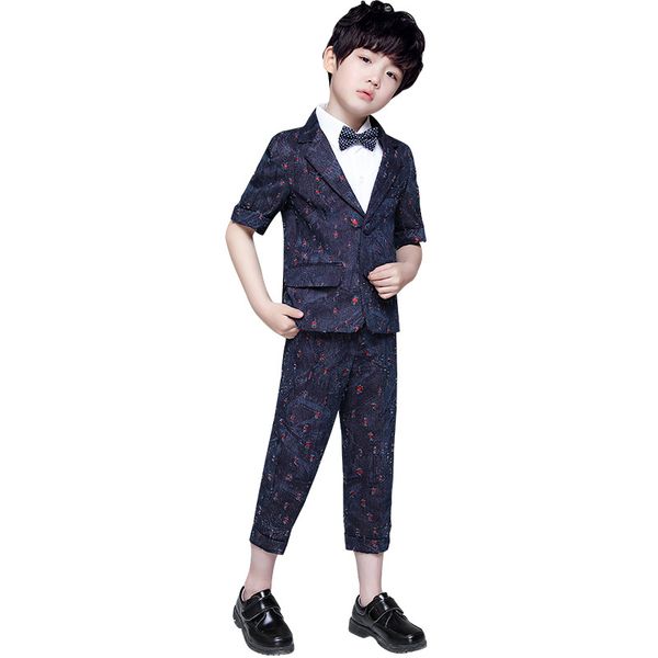 

children's summer formal suits sets flower boys dresses piano performance costumes kids short sleeve blazer shirts pants clothes, Black