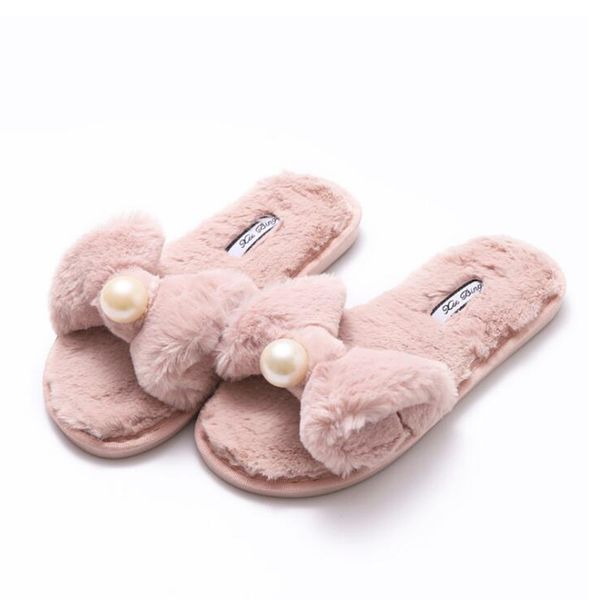 

winter woman furry slippers slip on luxury fur warm non-slip home slides bow pearl flats female comfortable house shoes y200424, Black