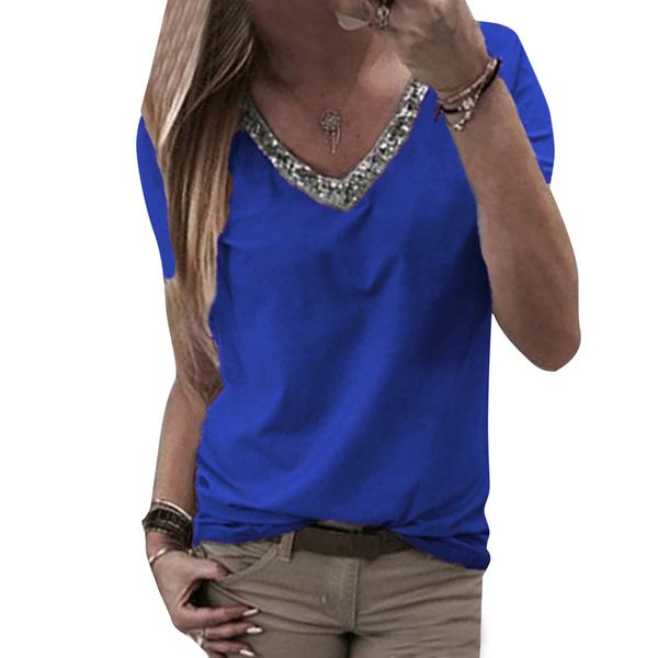 

plus size t-shirts for women solid glitter sequined shiny v neckline summer camiseta mujer short sleeve casual club wear, White