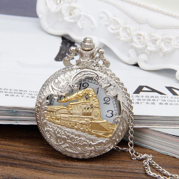 

1 pc vintage steam train antique pocket chain quartz pendant watch necklace gift #t50p# drop ship, Slivery;golden