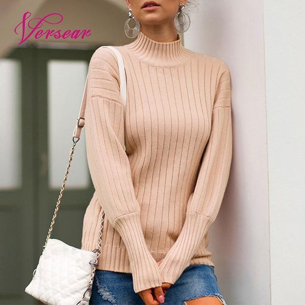 

versear women solid knitted sweater turtleneck lantern sleeves ribbed autumn winter knitting female jumper knitwear, White;black