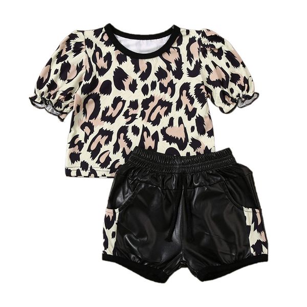 

1-5y toddler kids baby girl summer short sleeve leopard t-shirt pu leather shorts pants 2pcs set outfits girl clothes, White
