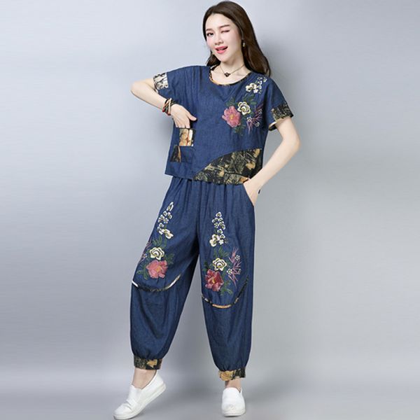 

embroidery women two piece outfits summer cotton linen womens tracksuit set casual pants set denim woman suit tracksuit, White