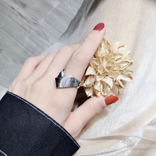 

silvology 925 sterling silver fold rings vintage irregular glossy japan korea harajuku style rings for women temperament jewelry, Golden;silver