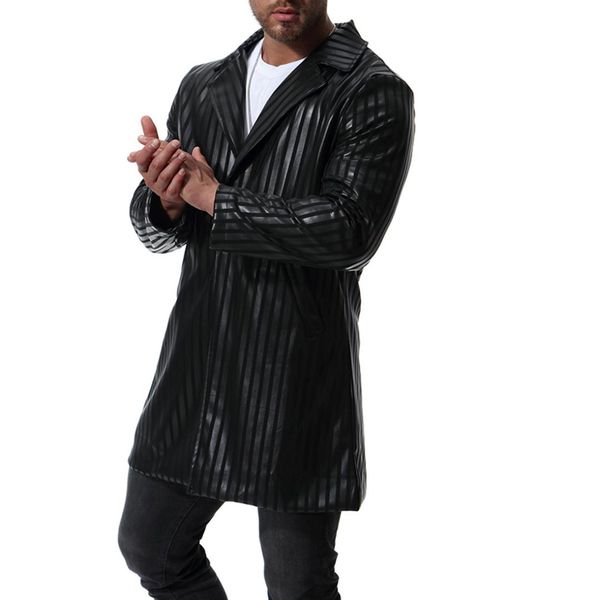 

european code 2019 autumn men's leather suit large size medium and long pu suit coat black color striped design jackets
