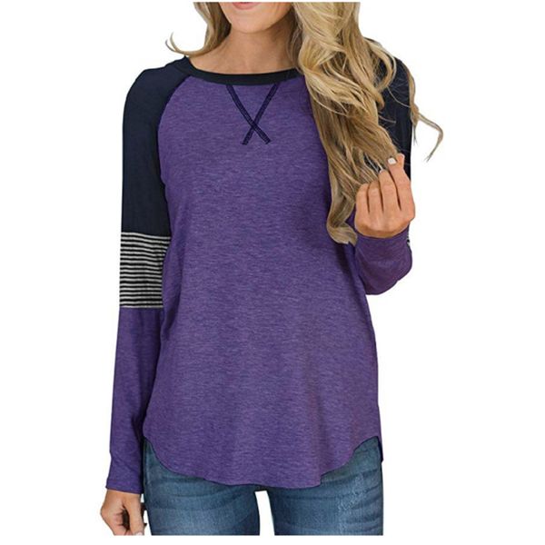 

home crew neck color block autumn splice elastic striped casual loose long sleeve pullover gift women blouse daily, White