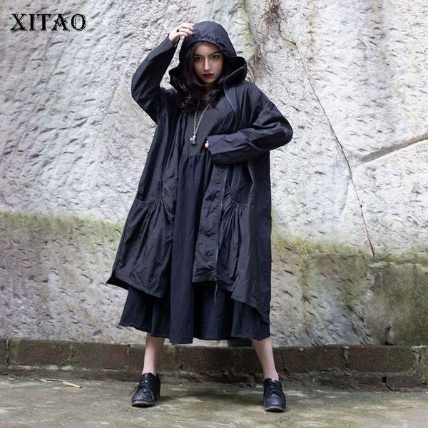 

xitao] 2019 spring new korea fashion women hooded collar full sleeve loose coat female solid color a-line long trench wbb2562, Tan;black