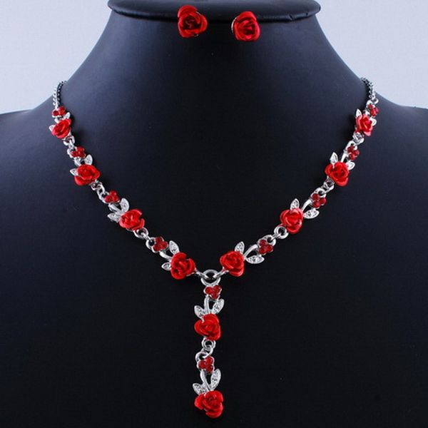 

romantic rose necklace earrings wedding bridal african jewelry sets & more, dubai jewelry sets women gold neckless jewelery, Silver