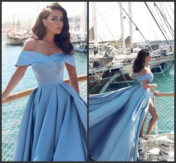 

2020 new modern arabic light blue formal evening dresses 2017 elegant off the shoulders front split popular evening prom gowns 406, Black;red