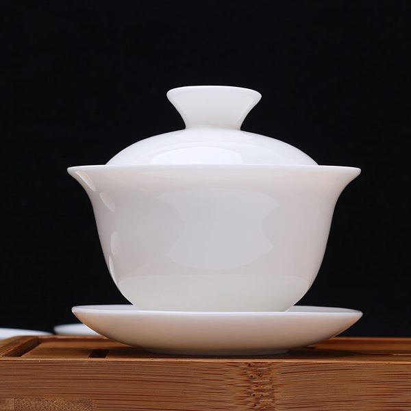 

dehua white porcelain tea set tureen large thin foetus kung fu tea set three cups to tureen prevent home outfit teapots