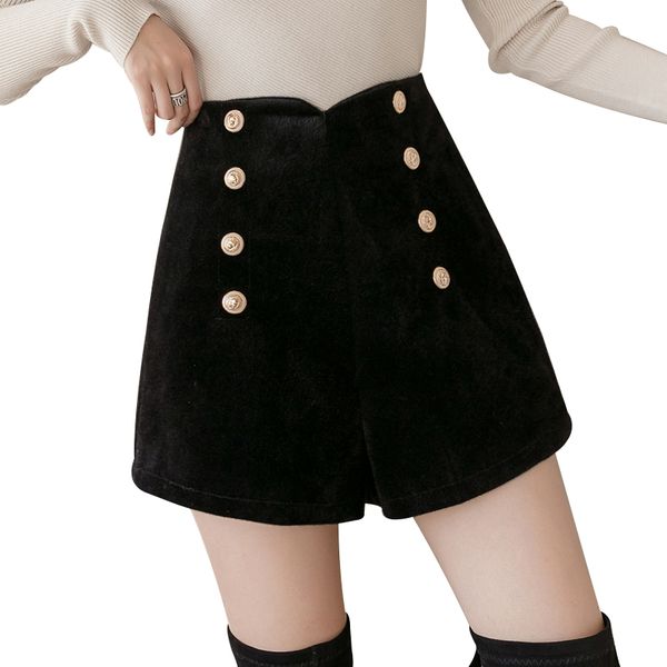 

women biker shorts 2020 button fashion new wide leg shorts high waist woolen women plus size zipper black mini, White;black