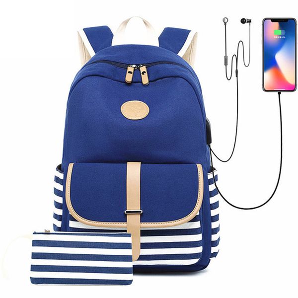 

rucksack women backpack usb backbag print lapbackpack with charger female back pack school bags for teenage girls black set