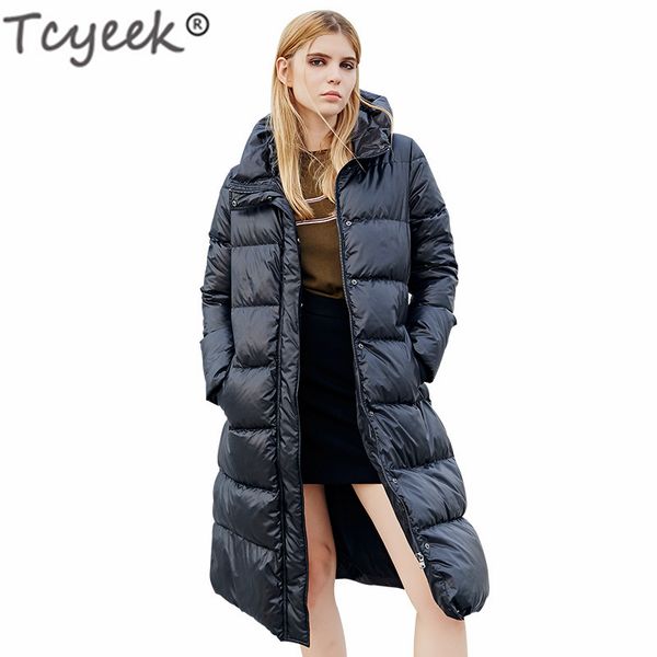 

tcyeek зимняя куртка женщины вниз пальто женский толстые 90% белая утка вниз куртка женская с длинным пальто с капюшоном теплая одежда 2019, Black