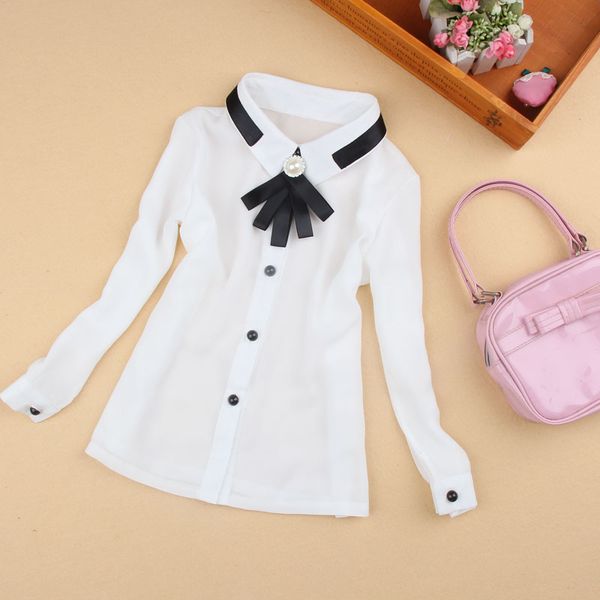 

girls school blouses 2017 spring white shirt girl casual turn-down collar long sleeve blouses for girls chiffon bottoming shirt, White;black