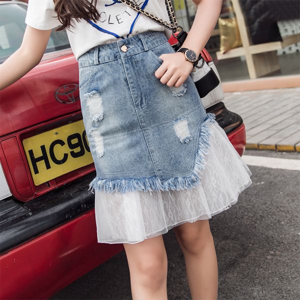 

2019 new fashion denim skirts women summer lace mesh patchwork skirts womens harajuku boho jeans faldas mujer jupe femme, Black