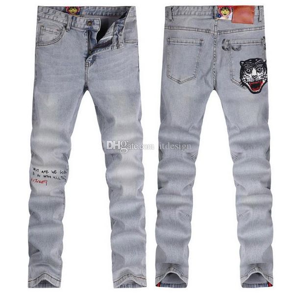 

выцветание стирка ковбой новая мода джинсы человек вышивка кошка патчи стежка письма skinny fit джинсовые брюки, Blue