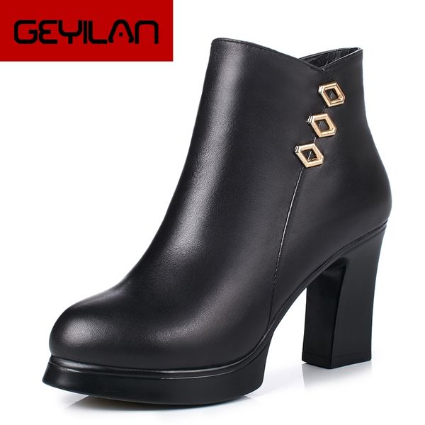 

women boots winter high heels ankle boots genuine leather shoes women fall ladies short snow fur zip, Black