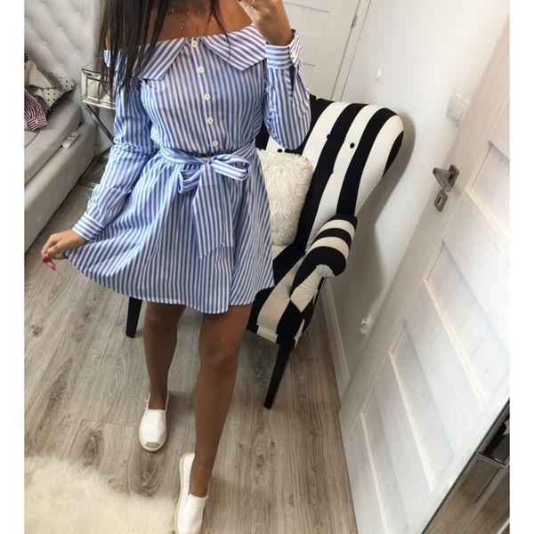 

lossky 2019 casual women shirts dress elegant buttons off shoulder striped dresses sashes bow ties summer dress vestidos, Black;gray