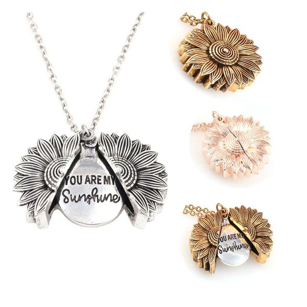 

vintage lettering you are my sunshine sunflower locket pendant necklaces double layered open locket necklaces love gift jewelry, Silver