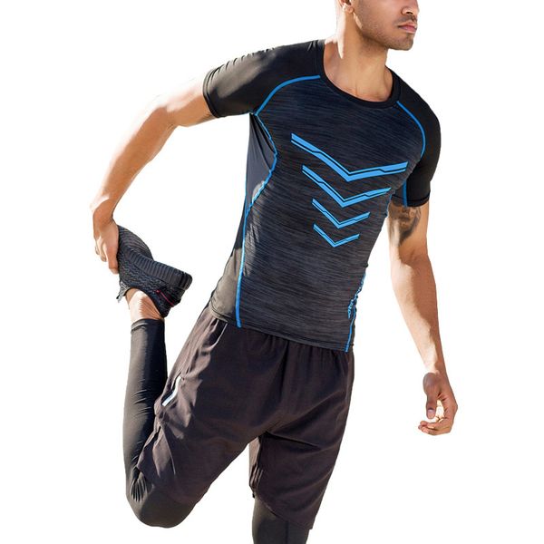 

men's 2019 running fitness set skinny short sleeve t-shirt+sports shorts gym jogging 2-piece set sport clothing men sports suits, Black;blue