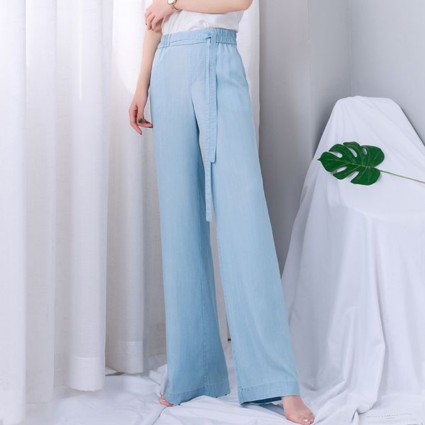 

high waist wide leg jeans women 2019 new summer blue denim elastic waisted jeans with sashes plus size boyfriend for women
