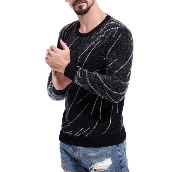 

new fashion men's long sleeve crew neck sweater line decor male spring autumn print slim fit pullover warm sweater casual, White;black