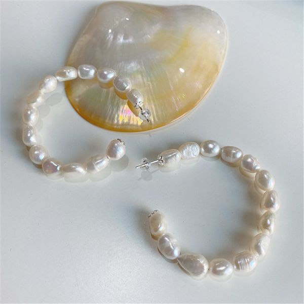 

pofunuo real 925 sterling silver baroque original design women pearl stud earrings girls wedding jewelry pearl c circle earrings, Golden;silver