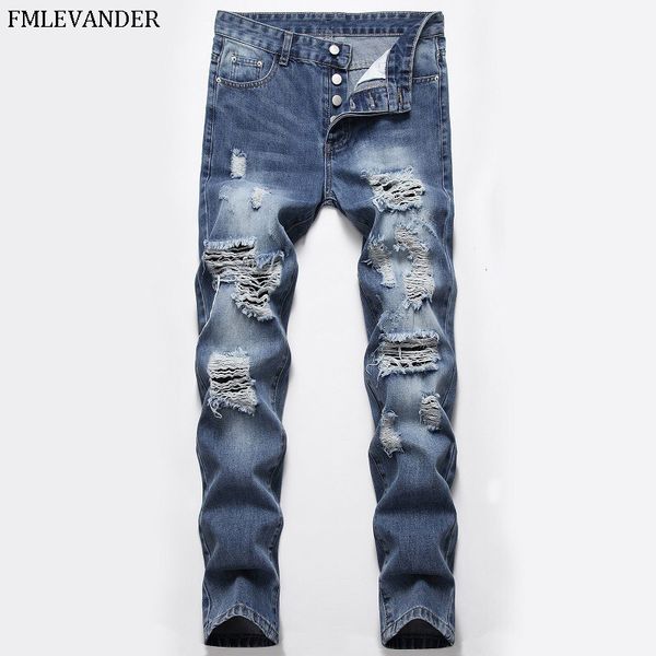 

spring autumn new fashion 2020 cotton ripped skinny jeans men, Blue