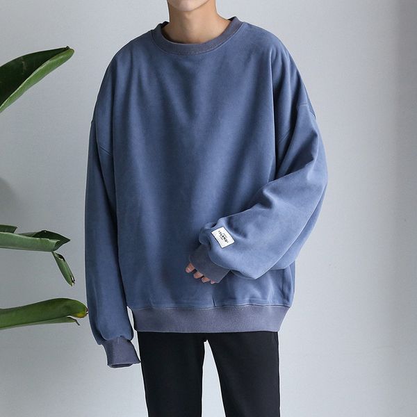 

autumn round-neck pullover men loose-fit solid color long sleeve men's couple clothes oversize, Black