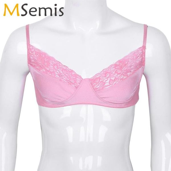 

bras sets mens sissy bra lingerie adjustable shoulder strap smooth satin lace floral bralette gay wire-exotic tanks nightwear, Red;black