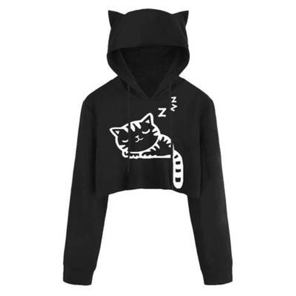 

толстовка женская с капюшоном 2019 года женская повседневная с капюшоном весна прекрасный кот характер сексуальные короткие толстовки, Black