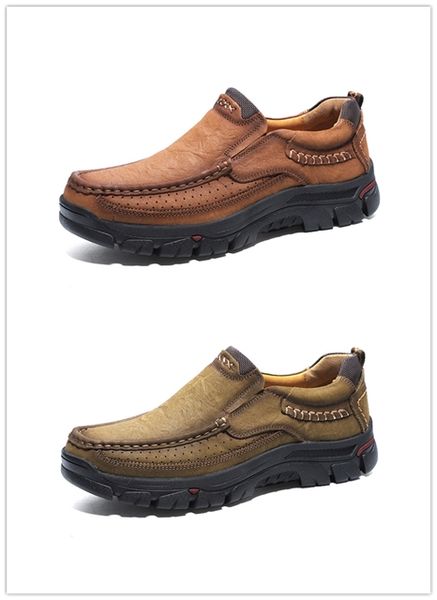 

british style men's casual shoes cowhide thick sole slip-on shoes non-slip damping hiking shoes, Black