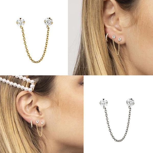 

1 pcs pretty 925 sterling silver earrings korean hip hop four claw inlaid zircon chain threader drop cuff earrings a30, Golden;silver