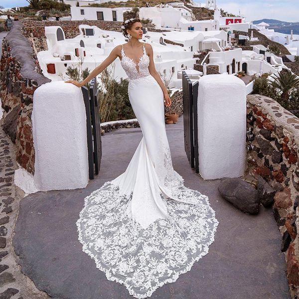 

sexy русалка свадебное платье с скользящим шлейфом лето кружева boho свадебное платье 2020 тонкий бретельках пляжа свадебные платья свадебны, White